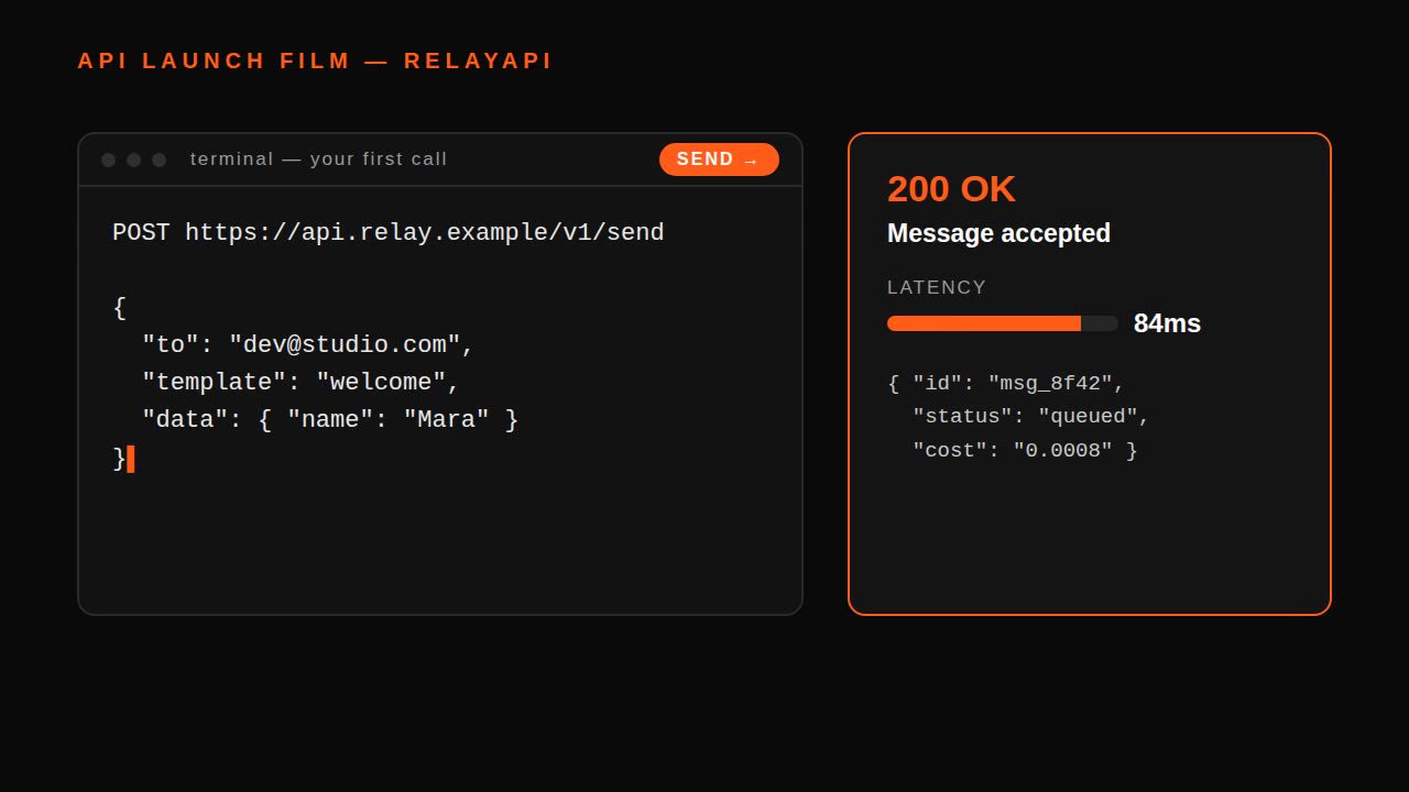 API launch video — Remotion prompt (typed code call + 200 OK card)