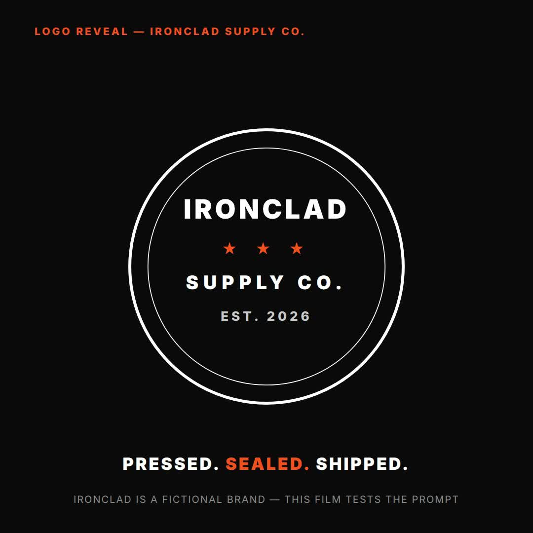 Logo reveal prompt — stamp/seal mechanical — HTML prompt (a seal slams down, then the tagline lands)