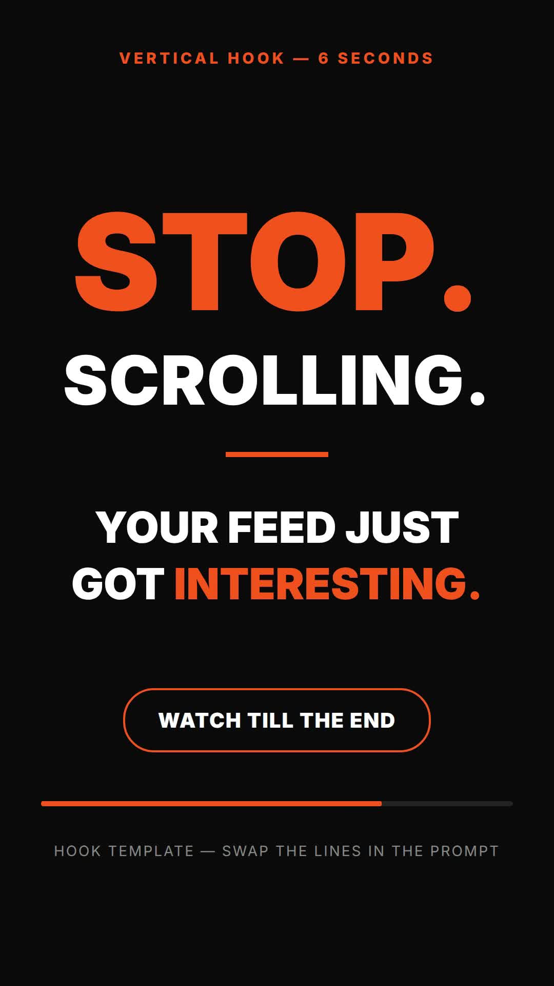 Vertical hook prompt — 6-second social hook — HyperFrames prompt (stop-scroll slam + payoff in 6 seconds)